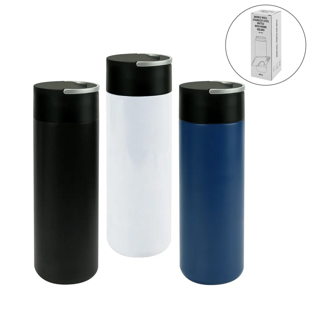 Custom Printed Double Wall Ss Bottle, Twist - Off Lid With Phone Holder 600 Ml - Stainless Steel | Logo Branding Corporate Gift | UAE Delivery | Yalla Printing UAE