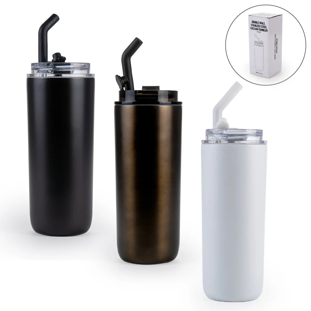 Double Wall Ss Tumblers With Transparent Lid And Metal Straw - 500ml
