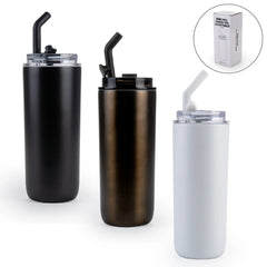 Double Wall Ss Tumblers With Transparent Lid And Metal Straw - 500ml