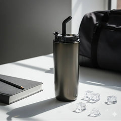 Double Wall Ss Tumblers With Transparent Lid And Metal Straw - 500ml