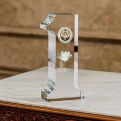 Crystal Awards – Crystal Glass Trophy in Number One Shape with Gold Lock Closure Box | Custom Packaging Printing | Free Design Support | Yalla Printing UAE