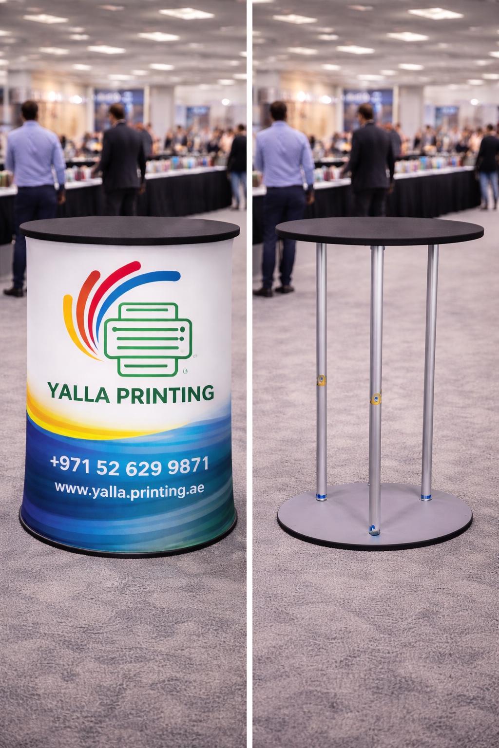 Custom Printed Standard Fabric Pillar Table with Round Table Top – Tension Fabric Display Counter with Single Side Print | Professional Business Printing | Free Design Support | Yalla Printing UAE