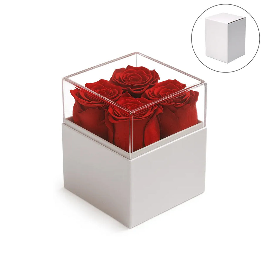 Acrylic Signs – Forever Natural Flowers Gift Box White & Clear Acrylic Lid , 4Pcs Long Life Roses | Custom Packaging Printing | Free Design Support | Yalla Printing UAE