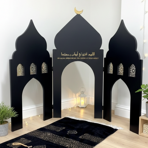 Ramadan Prayer Arch Acrylic Stand Set (3 Panels) – 200 cm Height × 8mm Thick Premium Black Acrylic Islamic Mihrab Display with Gold Arabic Duʿāʾ Calligraphy, Crescent Moon Top & Back Stand Support | Luxury Ramadan Home, Mosque & Event Decoration
