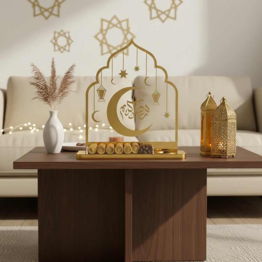 Ramadan Mubarak Acrylic Table Decor with Crescent Moon & Hanging Lanterns – 40 cm Height Premium Gold Islamic Centerpiece | Acrylic Ramadan & Eid Home Decoration for Living Room, Dining Table & Majlis