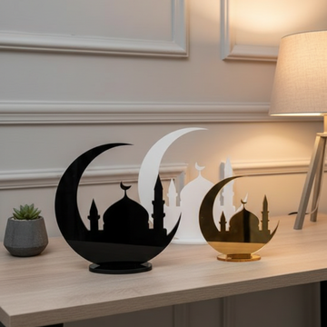 Ramadan Crescent Mosque Acrylic Table Decor – 40 cm Height Premium Islamic Home Ornament in Gold, Black & White Finish | Elegant Moon & Masjid Silhouette Display for Ramadan