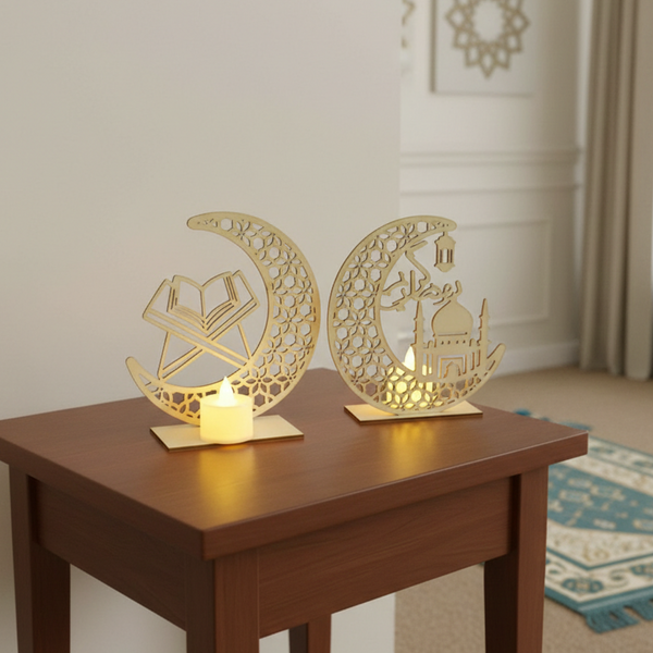 Ramadan Crescent Moon Metal Table Decor – 40 cm Height Premium Spray-Painted Islamic Home Decoration with Mosque Silhouette, Quran & Lantern Motifs | Elegant Ramadan & Eid Display for Living Room, Dining Table & Prayer Space