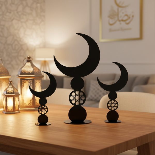 40 cm Black Crescent Moon Islamic Table Décor Sculpture | Modern Ramadan & Eid Home Ornament | Minimalist Acrylic Moon Centerpiece for Living Room, Prayer Area & Gifting