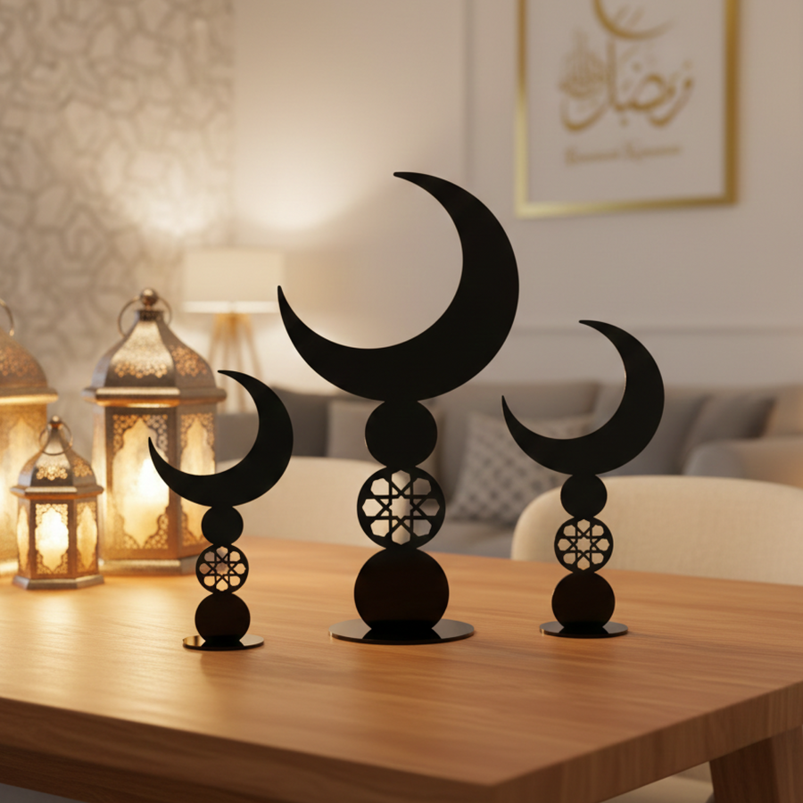 40 cm Black Crescent Moon Islamic Table Décor Sculpture | Modern Ramadan & Eid Home Ornament | Minimalist Acrylic Moon Centerpiece for Living Room, Prayer Area & Gifting