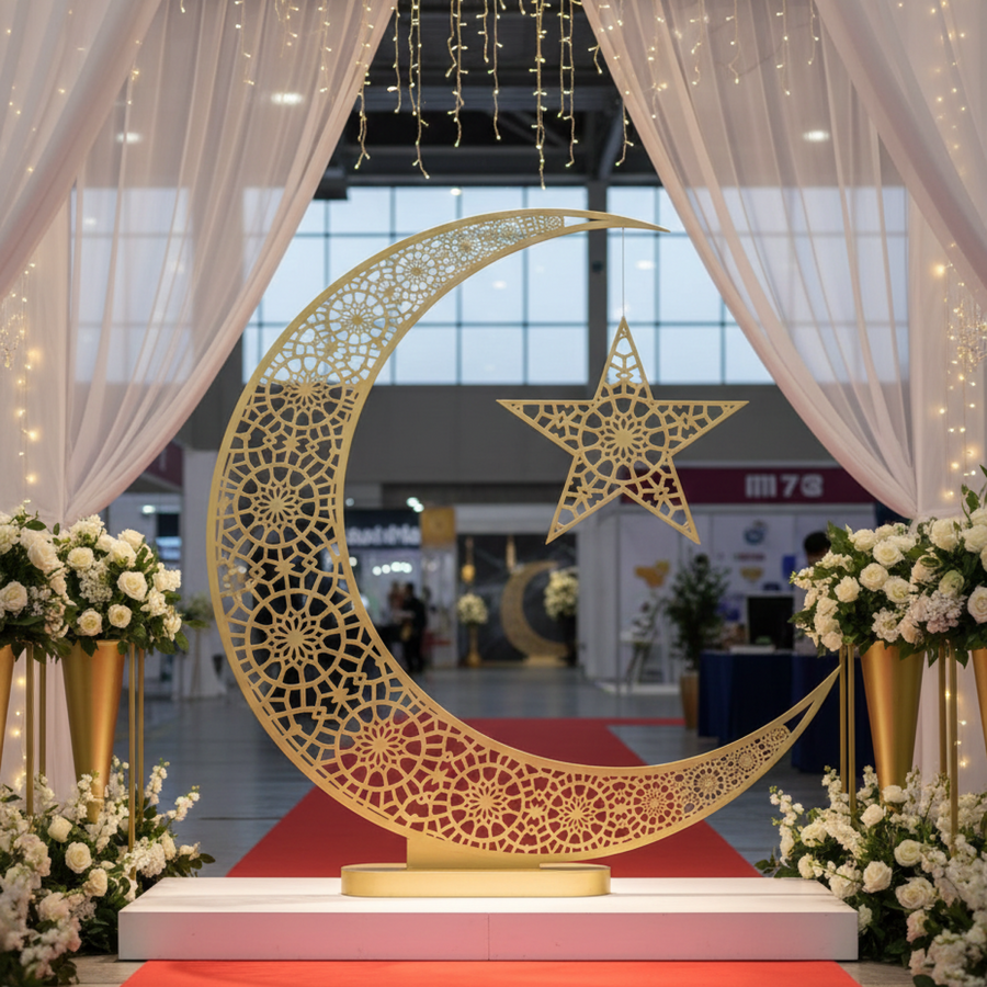 Luxury Islamic Crescent & Star Metal Décor Stand – 90 cm Hand-Painted Finish | Premium Ramadan & Eid Event, Home & Corporate Decoration