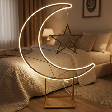 🌙 Premium 90 CM Metal Crescent Moon & Star Stand – Handcrafted Gold Finish | LED Light Variant Available | Ramadan, Eid & Islamic Event Decorative Floor Stand