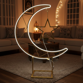 🌙 Premium 90 CM Metal Crescent Moon & Star Stand – Handcrafted Gold Finish | LED Light Variant Available | Ramadan, Eid & Islamic Event Decorative Floor Stand