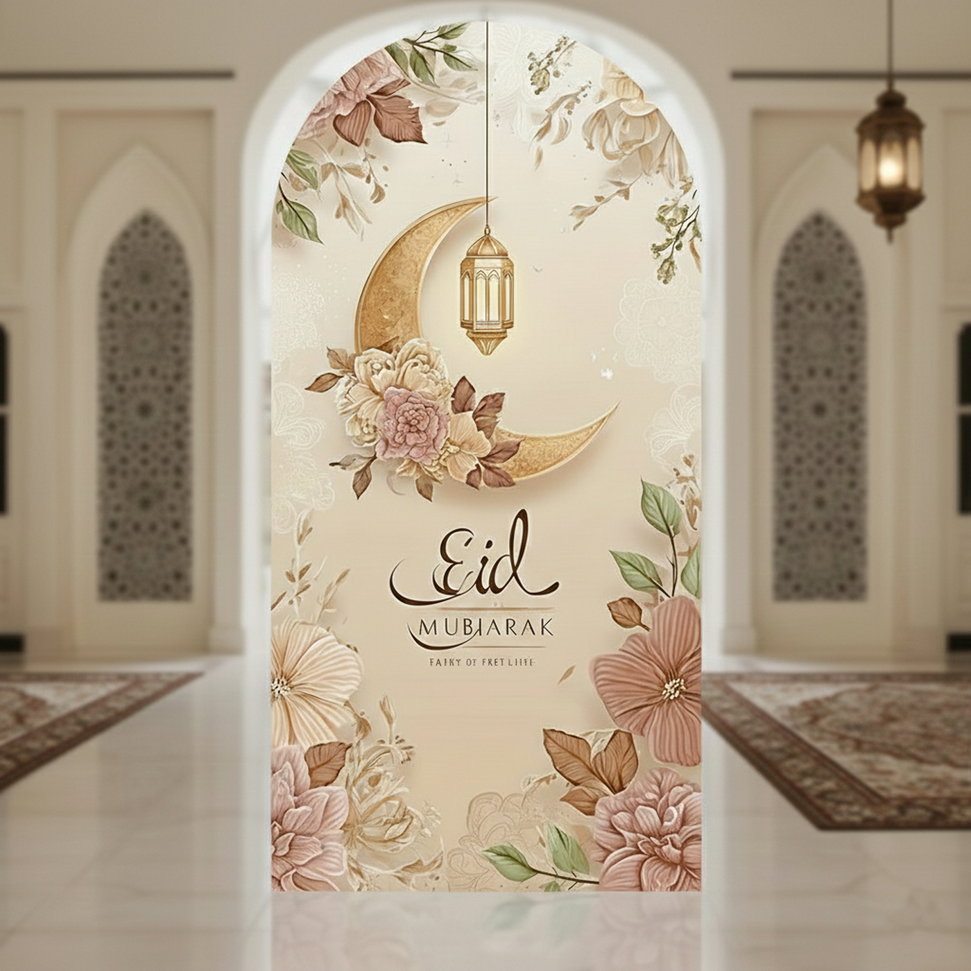 🌙 Eid Mubarak Floral Crescent Foam Board Standee – 2 Meter Height Islamic Event Decoration with Gold Moon & Lantern Design | Premium Ramadan & Eid Entrance Display Backdrop