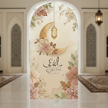 🌙 Eid Mubarak Floral Crescent Foam Board Standee – 2 Meter Height Islamic Event Decoration with Gold Moon & Lantern Design | Premium Ramadan & Eid Entrance Display Backdrop