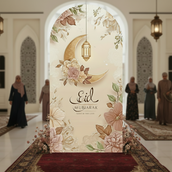 🌙 Eid Mubarak Floral Crescent Foam Board Standee – 2 Meter Height Islamic Event Decoration with Gold Moon & Lantern Design | Premium Ramadan & Eid Entrance Display Backdrop