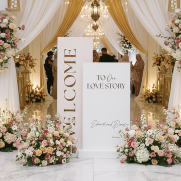 Luxury Dual Panel Wedding Welcome Backdrop Set – 160–180cm Tall Main Panel & 140cm Side Panel | Custom Love Story Event Display | Premium Foam Board Standing Entrance Decor | Indoor & Outdoor Reception Styling UAE