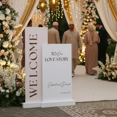 Luxury Dual Panel Wedding Welcome Backdrop Set – 160–180cm Tall Main Panel & 140cm Side Panel | Custom Love Story Event Display | Premium Foam Board Standing Entrance Decor | Indoor & Outdoor Reception Styling UAE