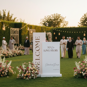 Luxury Dual Panel Wedding Welcome Backdrop Set – 160–180cm Tall Main Panel & 140cm Side Panel | Custom Love Story Event Display | Premium Foam Board Standing Entrance Decor | Indoor & Outdoor Reception Styling UAE