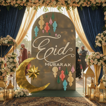 🌙✨ Premium 2M Eid Mubarak Arch Foam Board Backdrop with 1M Freestanding Gold Crescent Moon – Luxury Islamic Event & Ramadan Decoration Set