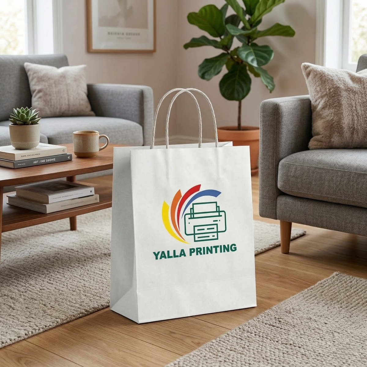 Custom Printed White Paper Bag with Twisted Paper Handles 32 x 24 x 12 cm – Premium Eco-Friendly Retail, Gift, Boutique, Bakery, Takeaway & Corporate Packaging Bags | Branded Shopping Paper Bag | Yalla Printing UAE