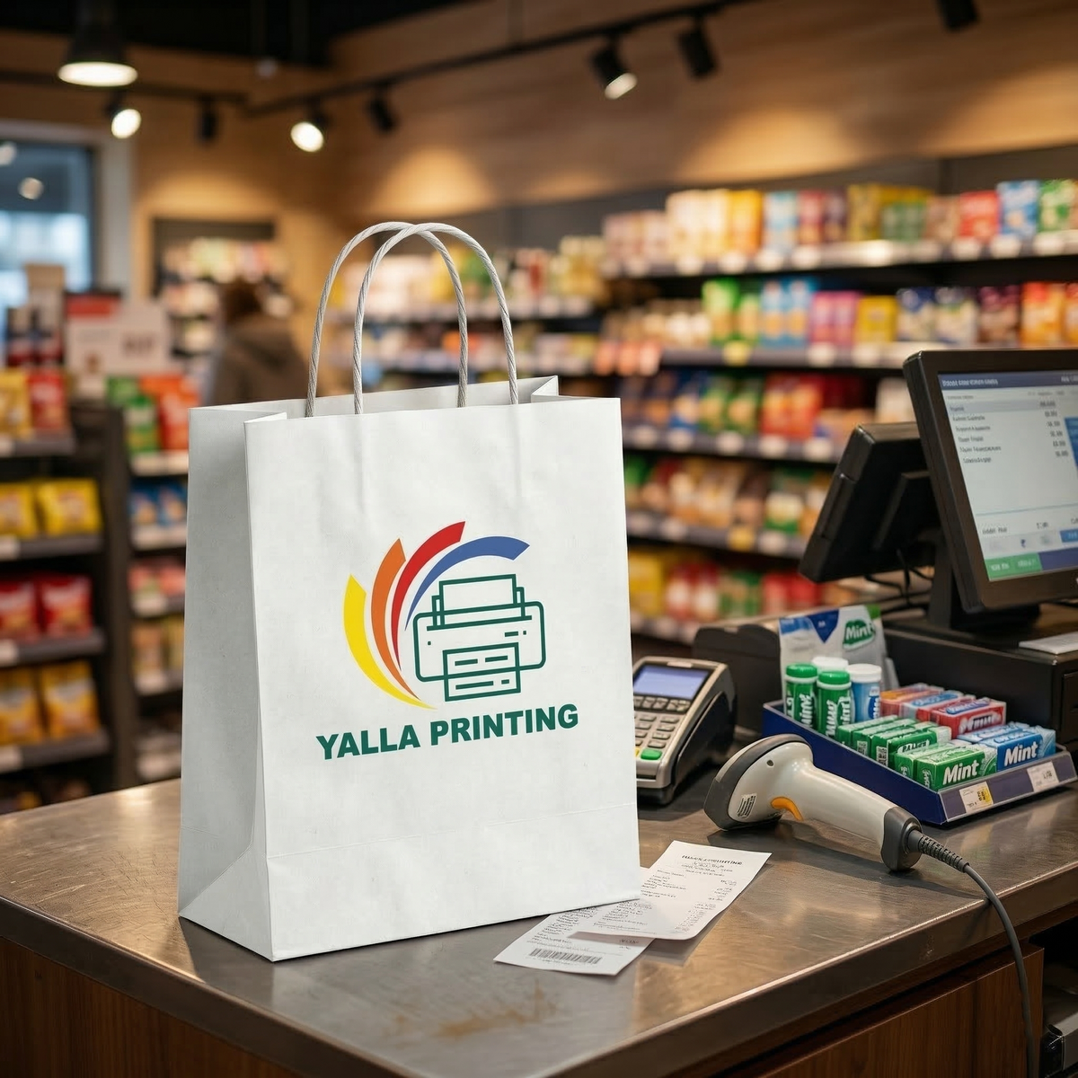 Custom Printed White Paper Bag with Twisted Paper Handles 32.5 x 39.5 x 17 cm – Premium Eco-Friendly Retail, Gift, Boutique, Bakery, Takeaway & Corporate Packaging Bags | Branded Shopping Paper Bag | Yalla Printing UAE