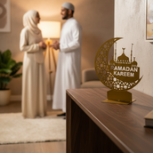 Ramadan Crescent Moon Metal Decor – 65 cm Height Spray-Painted Islamic Home Decoration with Arabic Calligraphy & Optional LED Edge Lighting