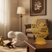 Ramadan Crescent Moon Metal Decor – 65 cm Height Spray-Painted Islamic Home Decoration with Arabic Calligraphy & Optional LED Edge Lighting