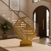 Ramadan Crescent Moon Metal Decor – 65 cm Height Spray-Painted Islamic Home Decoration with Arabic Calligraphy & Optional LED Edge Lighting