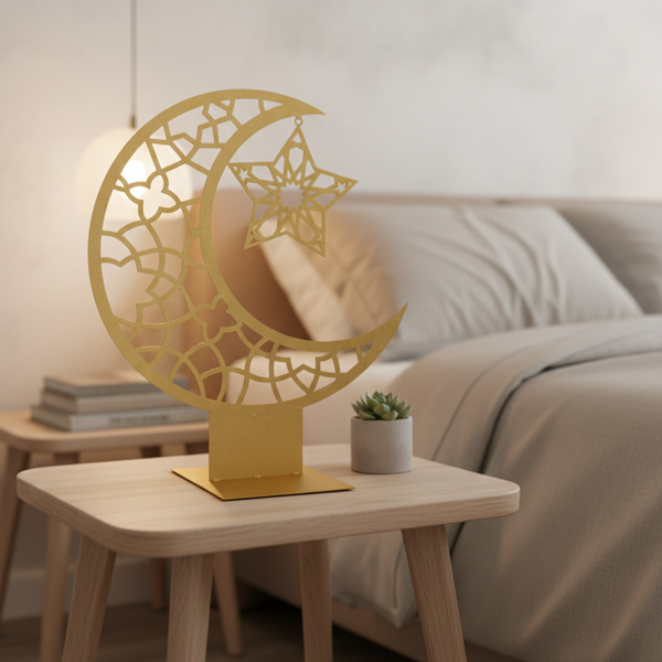 Ramadan Crescent Moon Metal Decor – 65 cm Height Spray-Painted Islamic Home Decoration with Geometric Star Design | Luxury Ramadan & Eid Tabletop Display for Home, Majlis & Events
