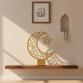 Ramadan Crescent Moon Metal Decor – 65 cm Height Spray-Painted Islamic Home Decoration with Geometric Star Design | Luxury Ramadan & Eid Tabletop Display for Home, Majlis & Events
