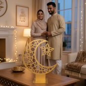 Ramadan Crescent Moon Metal Decor – 65 cm Height Spray-Painted Islamic Home Decoration with Geometric Star Design | Luxury Ramadan & Eid Tabletop Display for Home, Majlis & Events