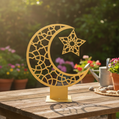 Ramadan Crescent Moon Metal Decor – 65 cm Height Spray-Painted Islamic Home Decoration with Geometric Star Design | Luxury Ramadan & Eid Tabletop Display for Home, Majlis & Events