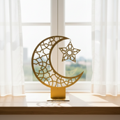 Ramadan Crescent Moon Metal Decor – 65 cm Height Spray-Painted Islamic Home Decoration with Geometric Star Design | Luxury Ramadan & Eid Tabletop Display for Home, Majlis & Events