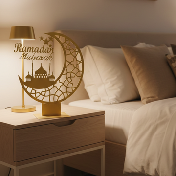 Ramadan Mubarak Crescent Moon Metal Decor – 65 cm Height Spray-Painted Islamic Tabletop Decoration with Mosque Silhouette | Premium Ramadan & Eid Home Display