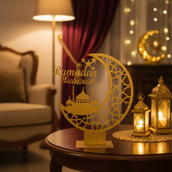 Ramadan Mubarak Crescent Moon Metal Decor – 65 cm Height Spray-Painted Islamic Tabletop Decoration with Mosque Silhouette | Premium Ramadan & Eid Home Display