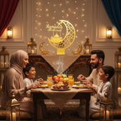 Ramadan Mubarak Crescent Moon Metal Decor – 65 cm Height Spray-Painted Islamic Tabletop Decoration with Mosque Silhouette | Premium Ramadan & Eid Home Display