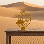 Ramadan Mubarak Crescent Moon Metal Decor – 65 cm Height Spray-Painted Islamic Tabletop Decoration with Mosque Silhouette | Premium Ramadan & Eid Home Display