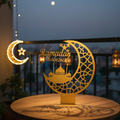 Ramadan Mubarak Crescent Moon Metal Decor – 65 cm Height Spray-Painted Islamic Tabletop Decoration with Mosque Silhouette | Premium Ramadan & Eid Home Display