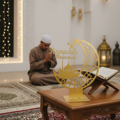 Ramadan Mubarak Crescent Moon Metal Decor – 65 cm Height Spray-Painted Islamic Tabletop Decoration with Mosque Silhouette | Premium Ramadan & Eid Home Display