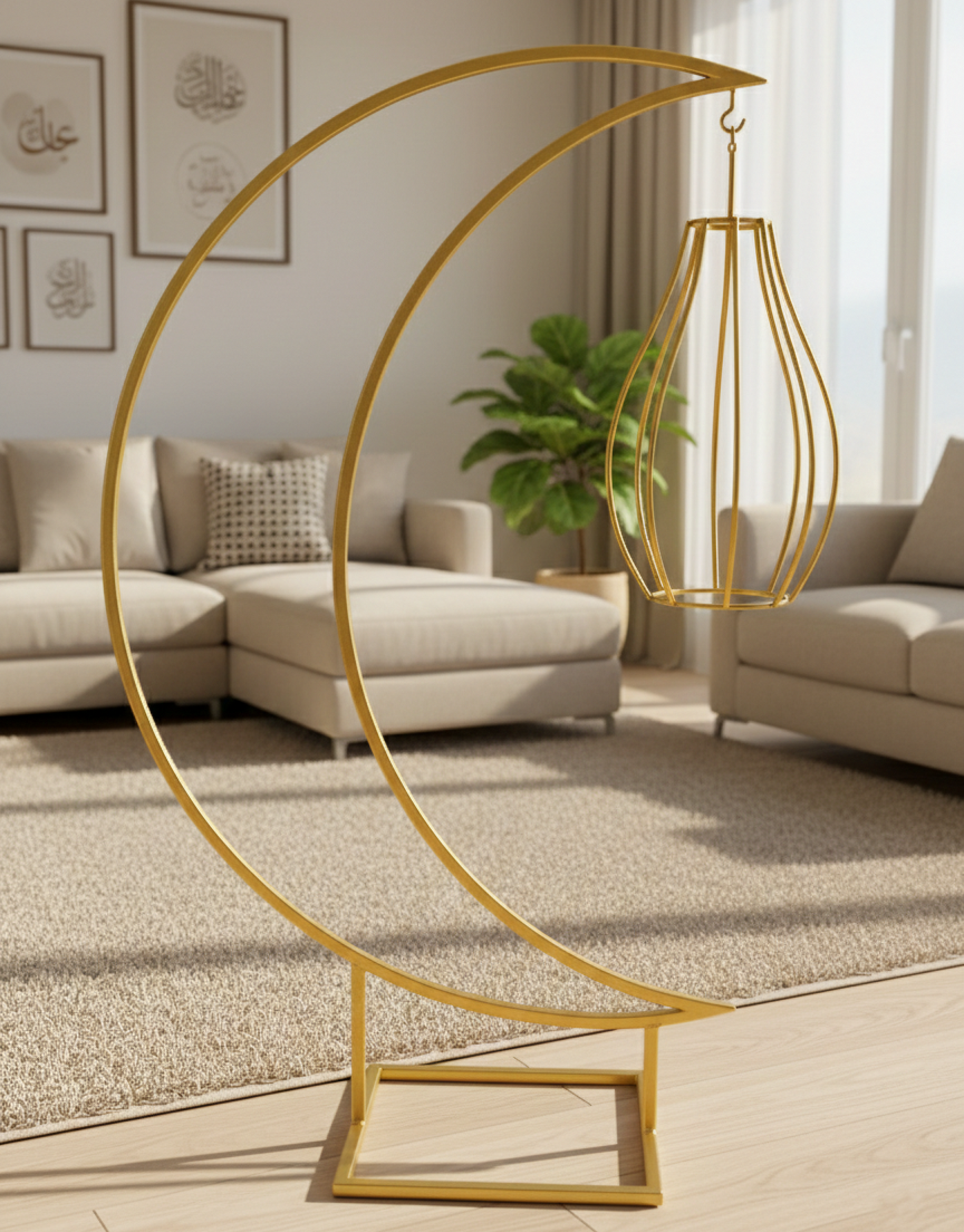 Luxury Ramadan Crescent Moon Metal Floor Decor – 95 cm Height Spray-Painted Gold Finish with Hanging Lantern | Premium Islamic Home, Event & Eid Decoration Stand
