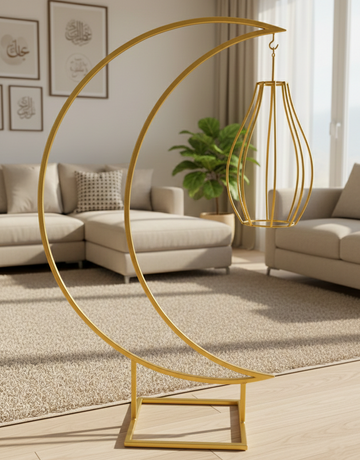 Luxury Ramadan Crescent Moon Metal Floor Decor – 95 cm Height Spray-Painted Gold Finish with Hanging Lantern | Premium Islamic Home, Event & Eid Decoration Stand