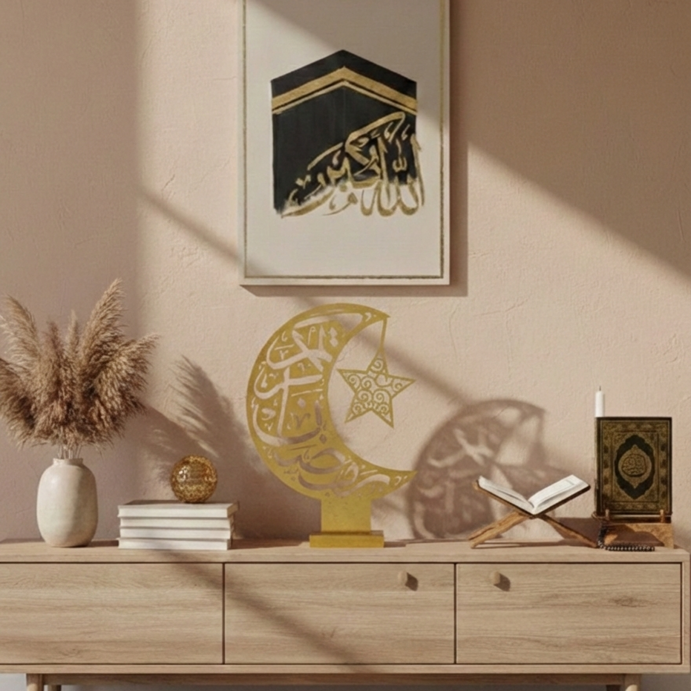 Ramadan Crescent Moon Metal Decor – 65 cm Height Spray Painted Islamic Home Decoration with Arabic Calligraphy & Star Design | Luxury Ramadan & Eid Display for Home, Majlis & Gift