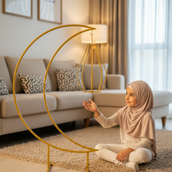 Luxury Ramadan Crescent Moon Metal Floor Decor – 95 cm Height Spray-Painted Gold Finish with Hanging Lantern | Premium Islamic Home, Event & Eid Decoration Stand