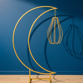 Luxury Ramadan Crescent Moon Metal Floor Decor – 95 cm Height Spray-Painted Gold Finish with Hanging Lantern | Premium Islamic Home, Event & Eid Decoration Stand