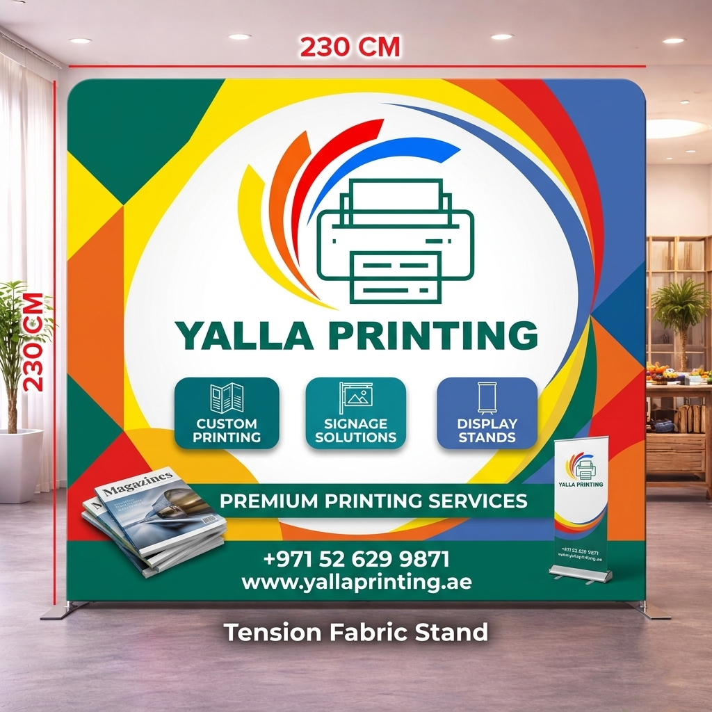 Custom Printed Straight Tension Fabric Stand 230 x 230 cm – Fabric Display Backdrop with Stitching and Straight Frame | Premium Signage & Display Printing | Free Design Support | Yalla Printing UAE