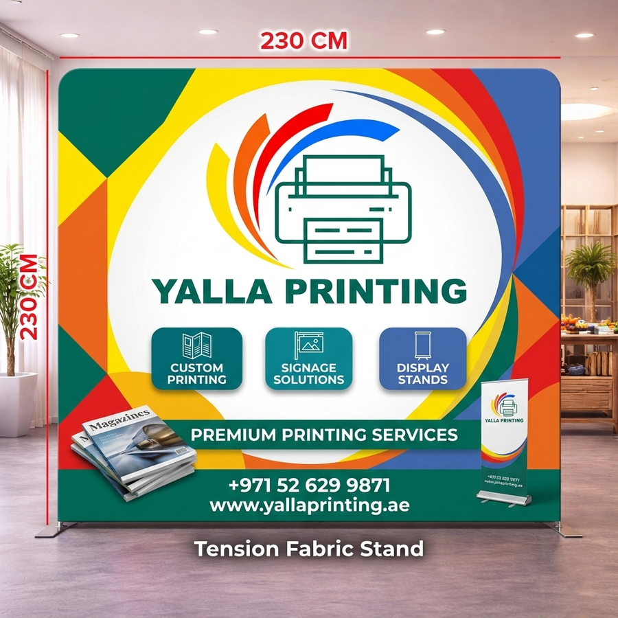 Custom Printed Straight Tension Fabric Stand 230 x 230 cm – Fabric Display Backdrop with Stitching and Straight Frame | Premium Signage & Display Printing | Free Design Support | Yalla Printing UAE