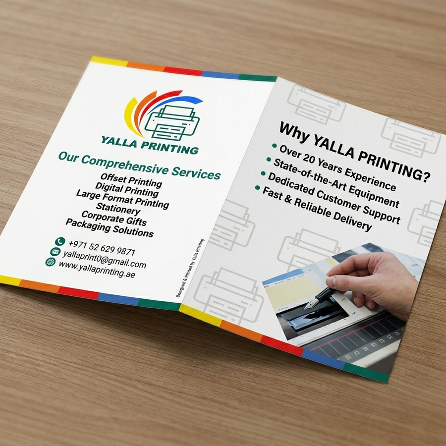 Premium A4 Brochure Printing UAE – Vibrant Double-Sided Corporate Brochures with Free Design Support