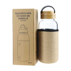 Custom Printed Glass Bottles With Bamboo Lid And Eco Sleeve 33 Oz - Bamboo | Logo Branding Corporate Gift | UAE Delivery | Yalla Printing UAE