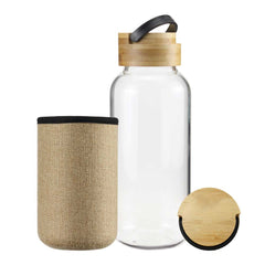 Custom Printed Glass Bottles With Bamboo Lid And Eco Sleeve 33 Oz - Bamboo | Logo Branding Corporate Gift | UAE Delivery | Yalla Printing UAE
