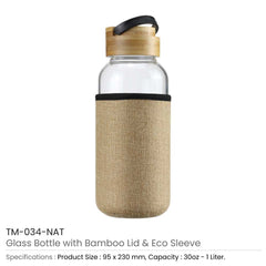 Custom Printed Glass Bottles With Bamboo Lid And Eco Sleeve 33 Oz - Bamboo | Logo Branding Corporate Gift | UAE Delivery | Yalla Printing UAE